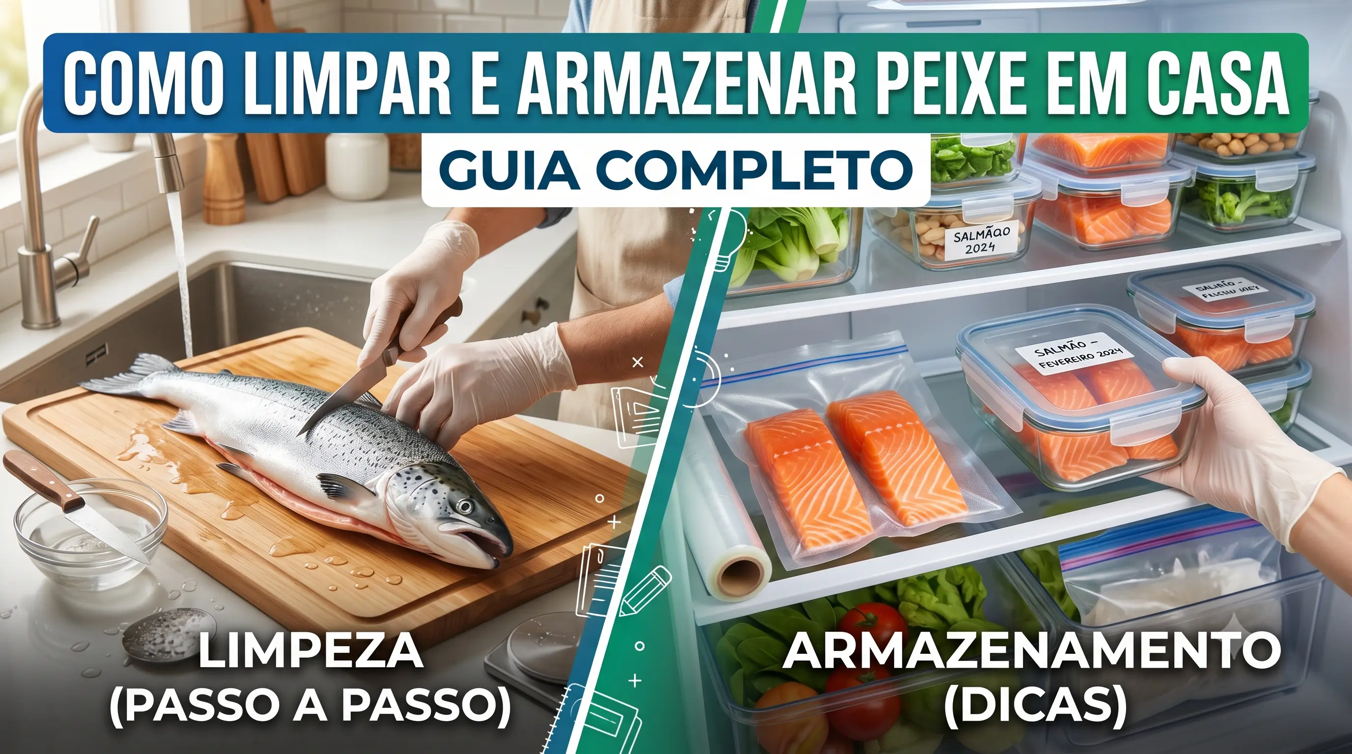 Peixe fresco sendo limpo sobre tábua com faca de filetear
