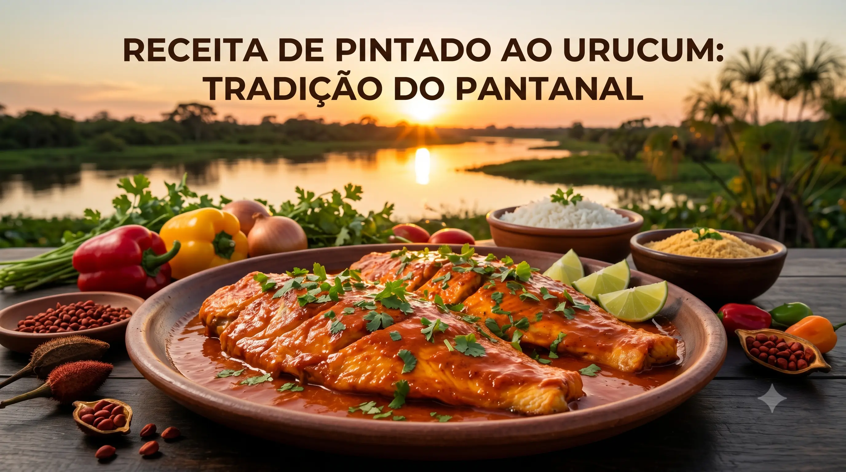 Pintado ao urucum servido em postas com arroz e cheiro-verde